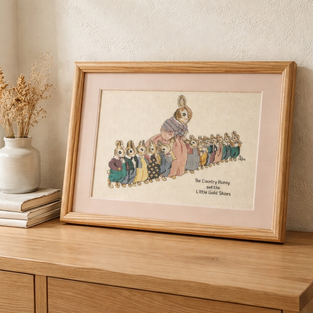 1989 Framed Country Bunny Cross Stitch Art: 18.5 X 14.5